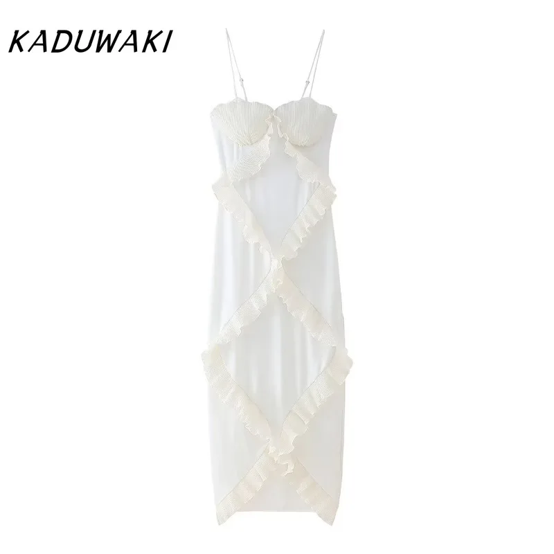 KADUWAKI Elegant Women White Patchwork Lace Halter Dress Sexy Slim Fit Sea Shell Chest Wrap Maxi Dress 2025 New Party Club Gowns