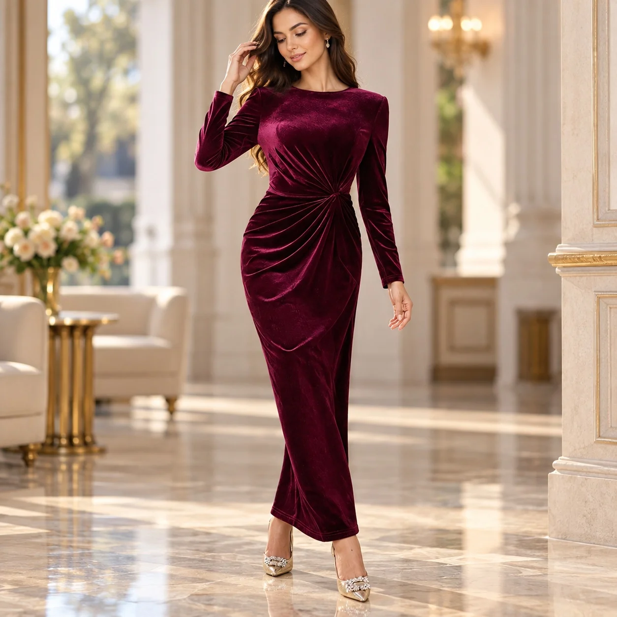 Round Neck Long Sleeve Gown Slim Fit Elegant with Knotted Detail Midi Waist Bodycon Woven Construction Dress Summer for Women