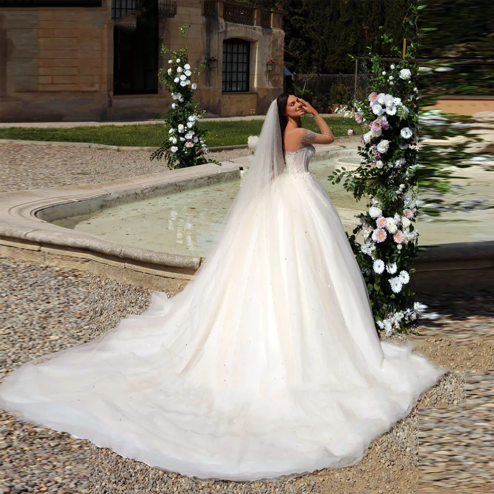 Eleganti abiti da sposa da donna con scollo a v paillettes luminose abiti da sposa in Tulle lunghezza di lavaggio maniche lunghe in pizzo abiti da festa De Novia