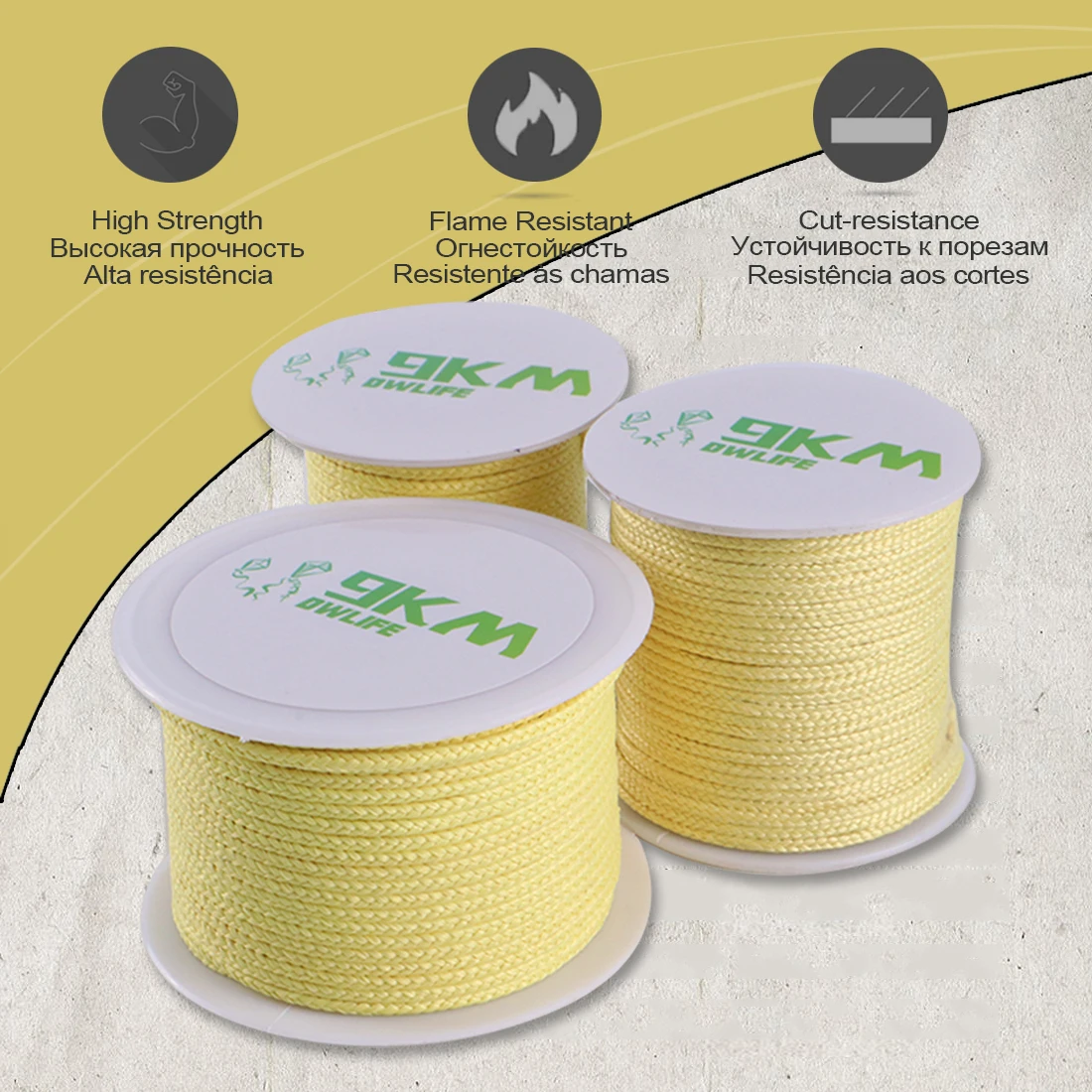 9KM Geflochtene Kevlar-Schnur Gelbe Angelschnur Geflochtene Schnur Hohe Zugfestigkeit Flammhemmende Drachenschnur 50-200ft 40-1000lb – Detail 1