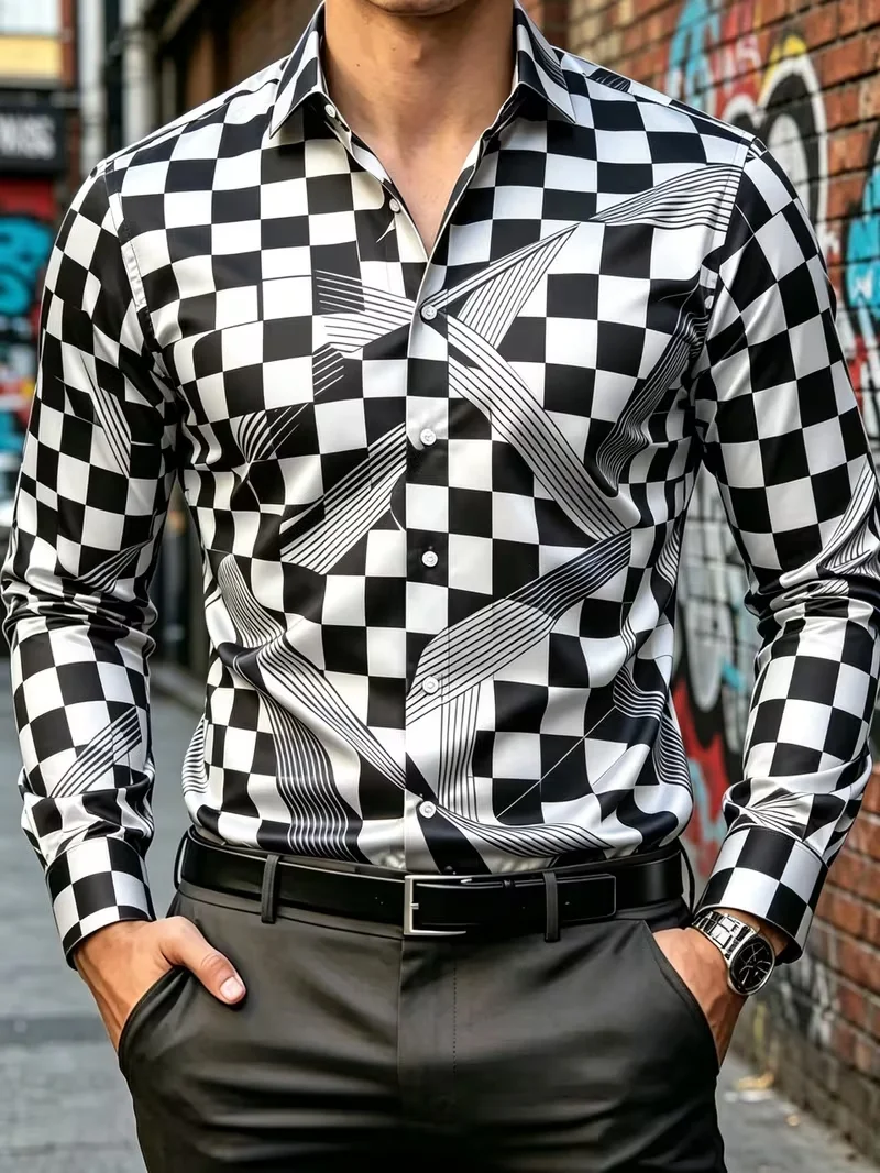 New Men's Gold Thread Vine Small Flower Divided Column Contrast Printed Long Sleeve Shirt Smooth Satin Collar Top