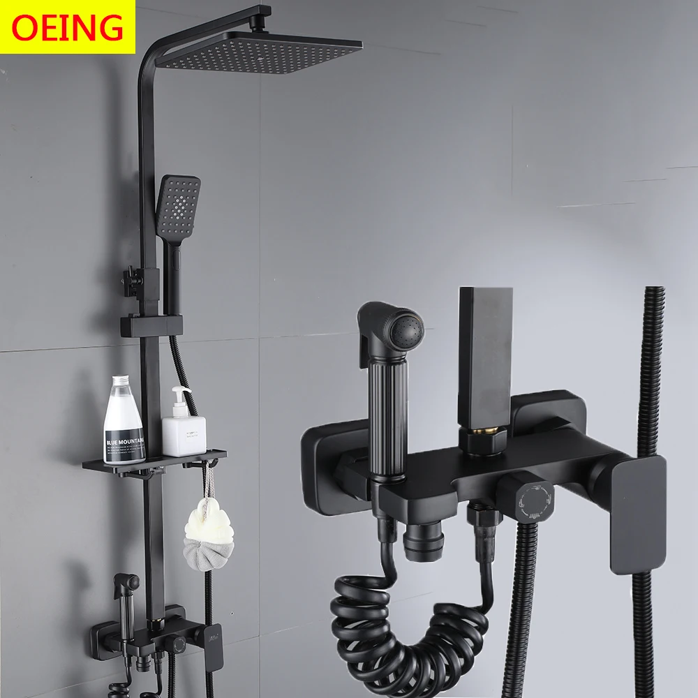 Black Bathroom Shower Faucet With Shelf Rainfall Bathube Mixer Tap 3-way Function Bath Set  With a Small Platform