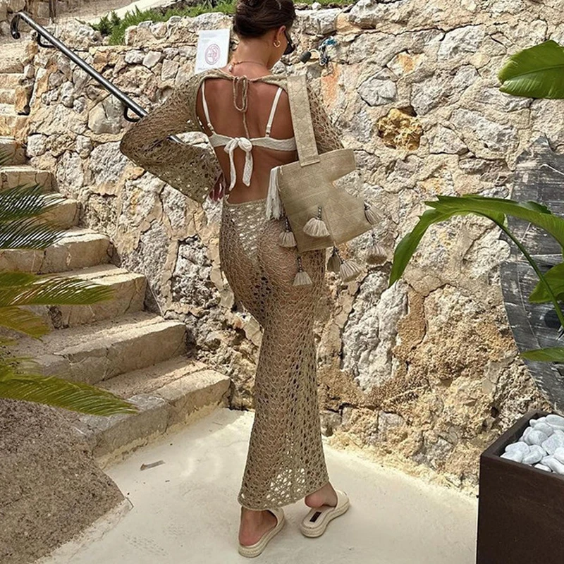 Women\'s Sexy Swimwear Cover Up Beach Crochet Covers Bikini Coverups Vacation Outfits with Mesh Sheer Maxi Dress For Beach Mujer