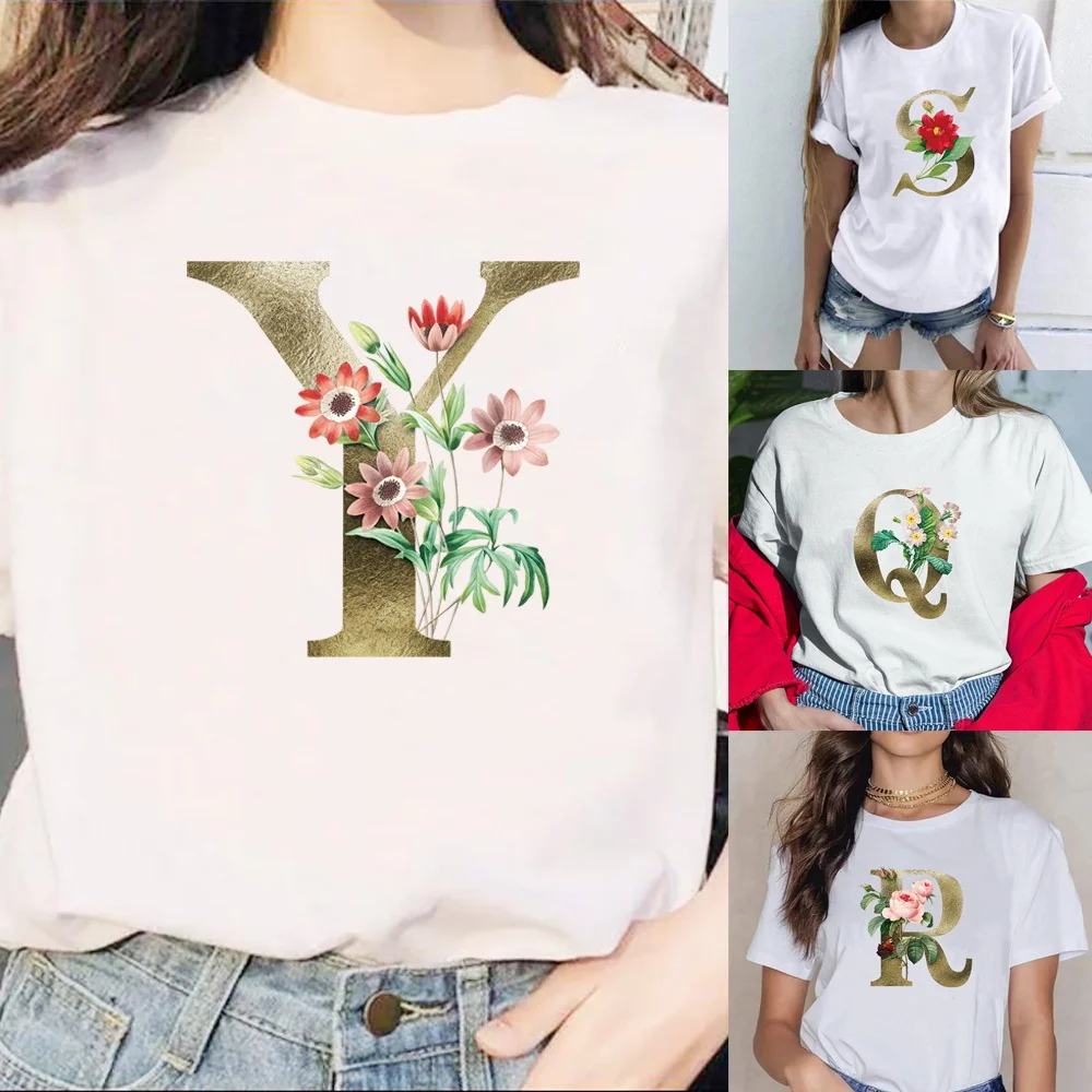 

2024 New Golden Flower Pattern Print Short Sleeve T Shirts Women Summer Fashion Pullover T-shirt O Neck T-shirt Comfortable Tops