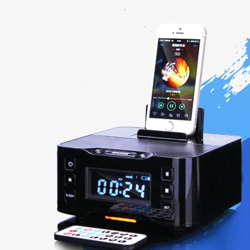 

Multi-purpose remote control wireless speaker desktop station charging dock for hotel rooms