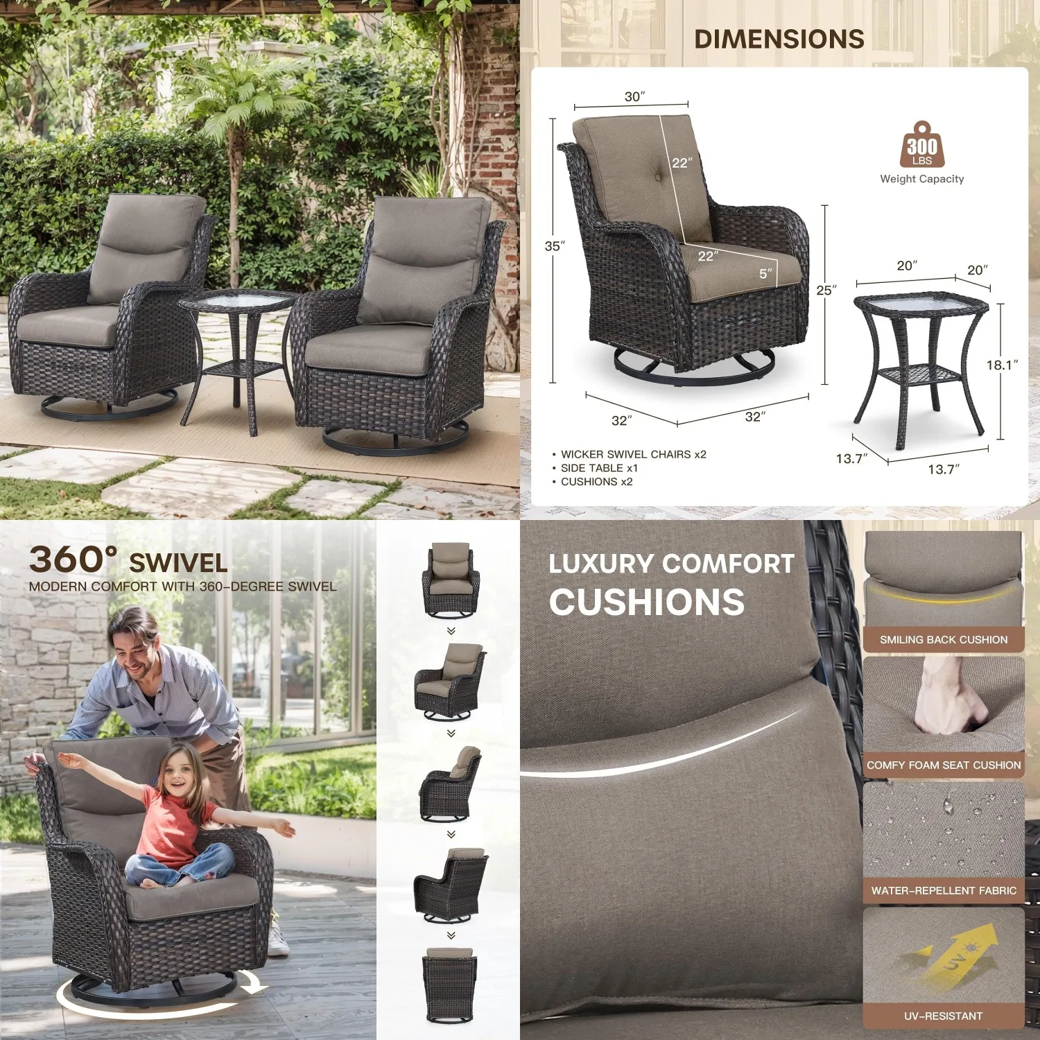 

3PCS High Back PE Rattan Swivel Patio Chairs Set with Side Table & Cushions, Outdoor Garden Use, Brown & Grey, Customized