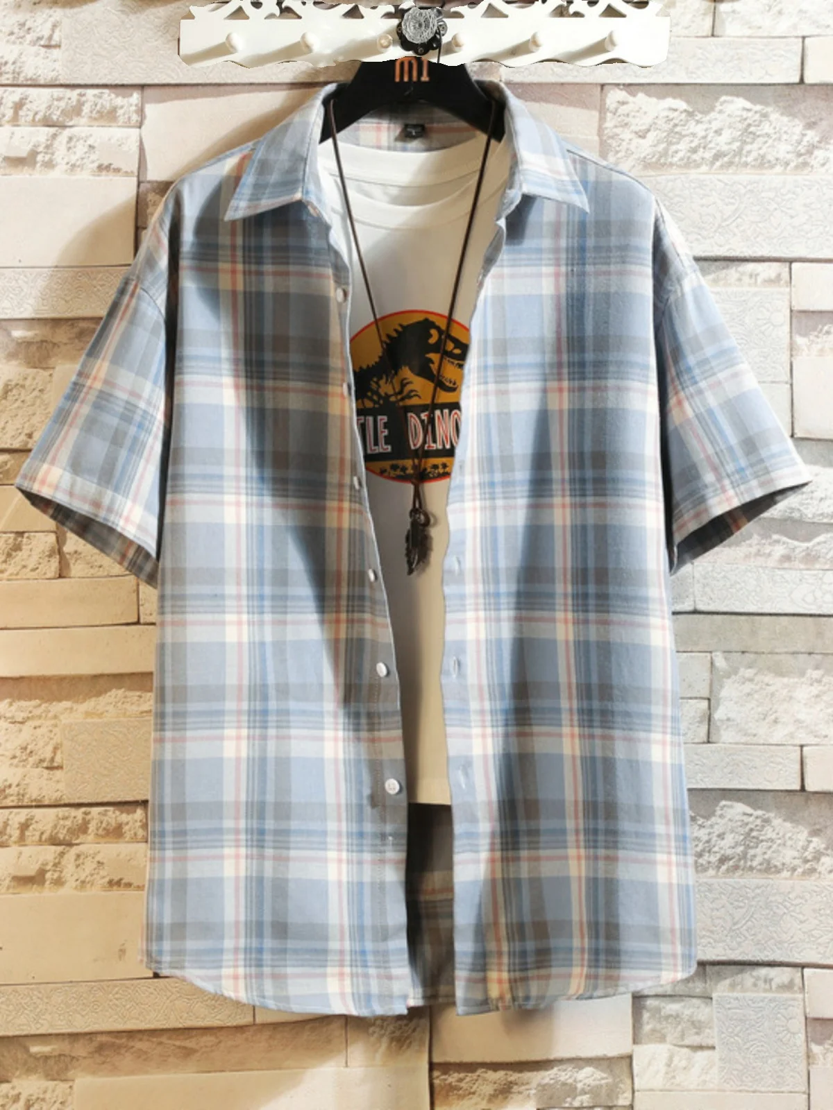 

Повседневная мужская рубашка в клетку с коротким рукавом, свободного кроя, летняя, модная, универсальная, из 100% хлопка