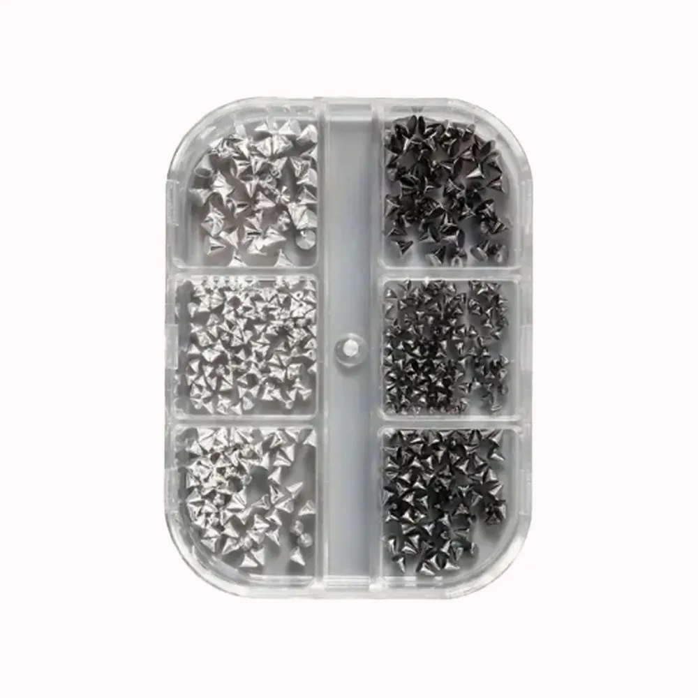 6 Grids Multi-Size Nail Art Studs 3D Metallic Finish Black And Silver Tone Metal Nail Charms Mixed Alloy Material