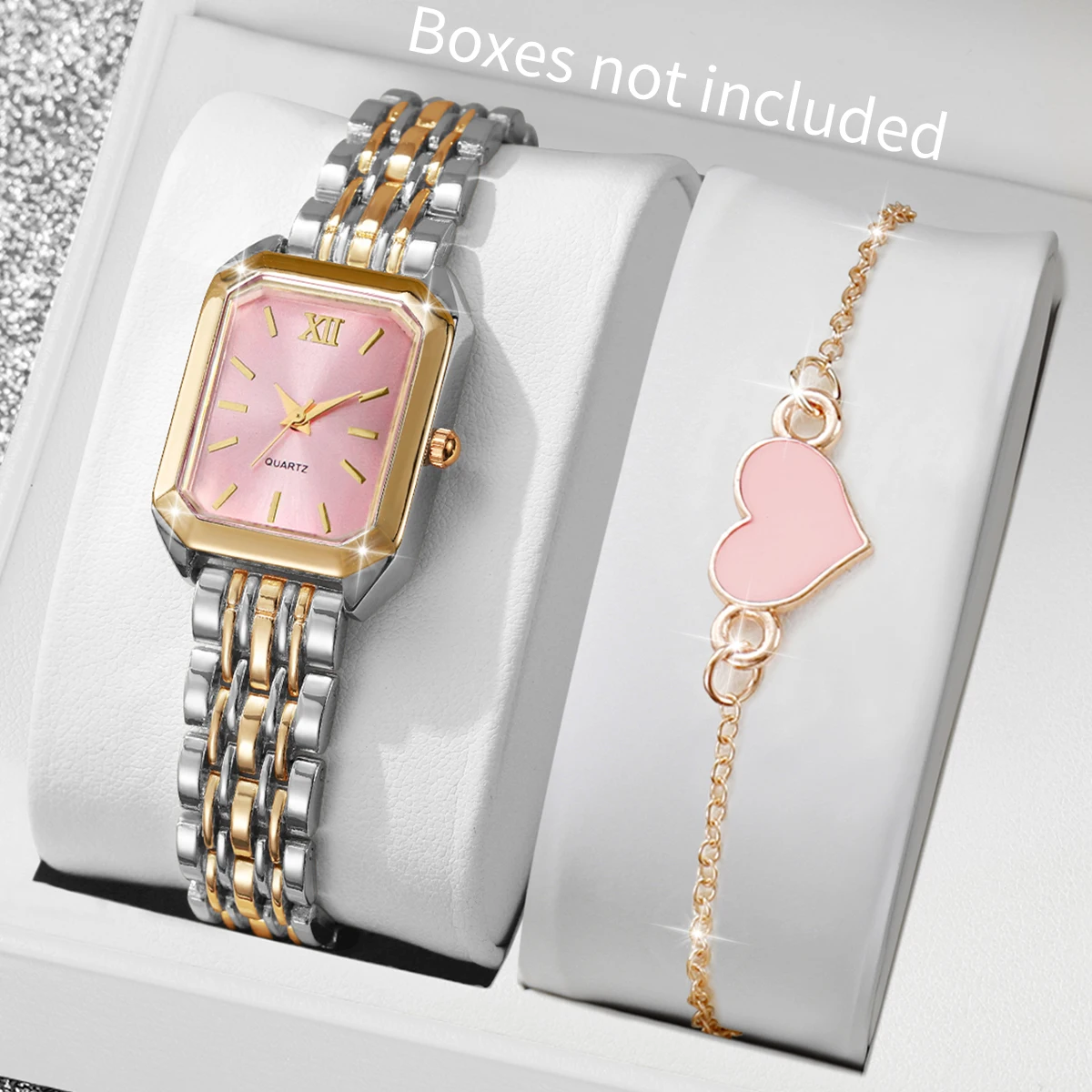 

2 шт., модные женские кварцевые часы, комплект с браслетом в форме сердца, женские наручные часы с прямоугольным циферблатом в римском стиле, Reloj Mujer, часы для девочек (без коробки)