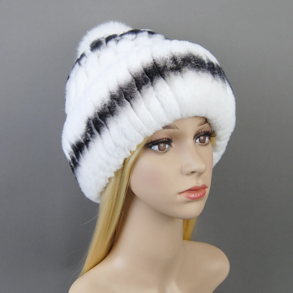 New Winter Warm Real Rex Rabbit Fur Hats Beanies 100% Natural Fur Caps Fashion Knitted Genuine Fur Hat With Silver Fox Fur Ball