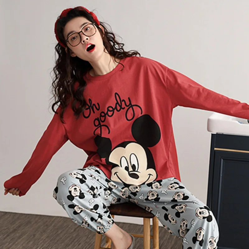 Women Disney Mickey Pajamas Pyjamas Set Sleepwear Pijama Cute Pajamas Suit Female Sleep Two Piece Set Lady Loungewear Plus Size