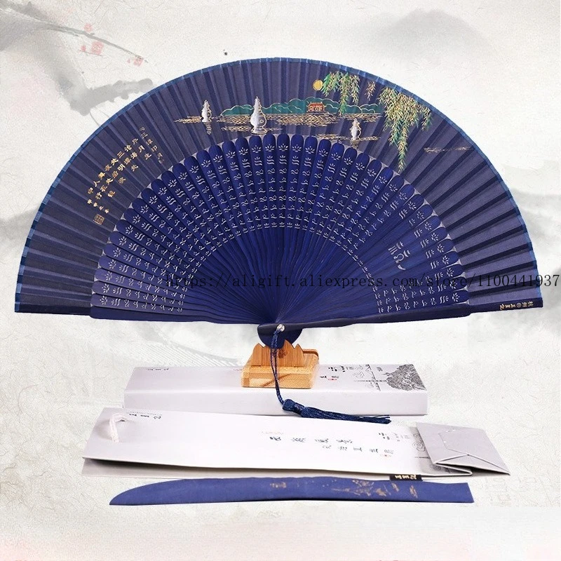 

Premium Chinese Silk Folding Fan Gift Set West Lake Scenery Handheld Dance Fan Embroidery Hanfu Accessory Collectible Gift Box