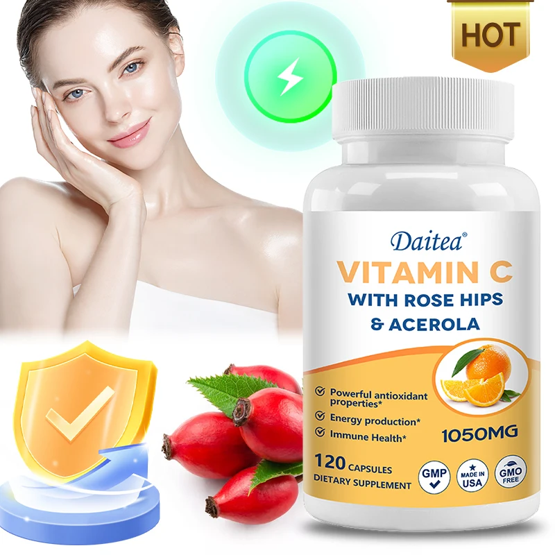 Vitamin C Timed Release with Rosehip & Acerola Bioflavonoids, All Day Immune Support, Energy, Antioxidants, Veggie Capsules