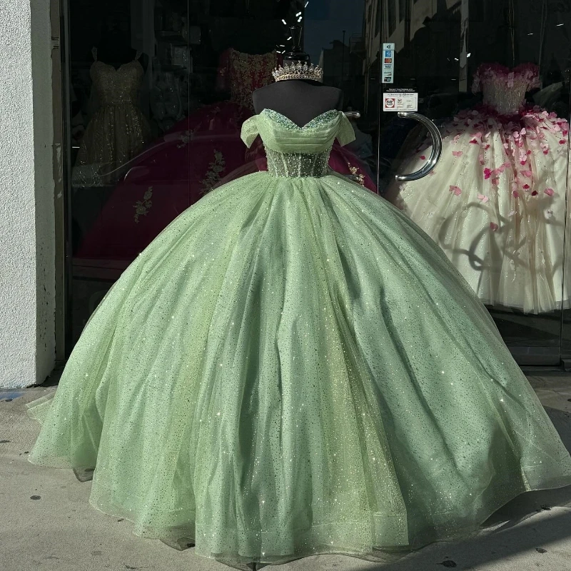 

Sage Green Shiny Sweetheart 15 Quinceanera Dresses Evening Dresses Off The Shoulder Puffy Party Dress Crystal Beading Ball Gown