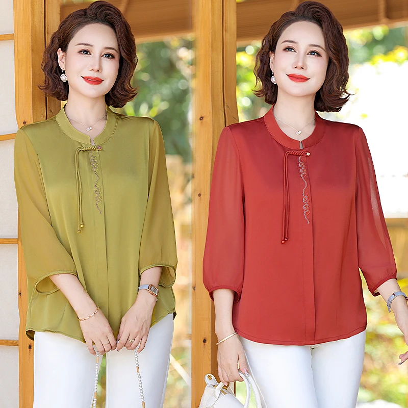 Summer Solid Color Shirt Plus Size Elegant Chinese Knot Round Neck T-shirt Middle-aged Women Summer Short Sleeved Shirt