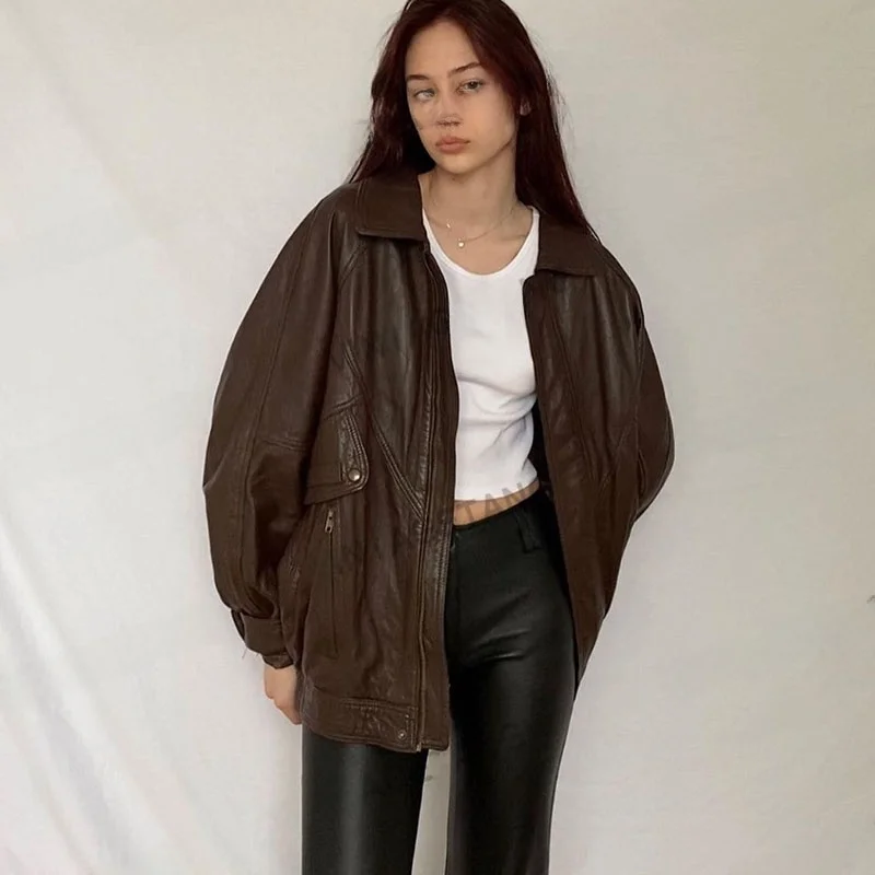 Jaet de cuero grueso marrón Retro americano para mujer, Mural de algodón para invierno, corte holgado, cierre de cremallera largo Sve