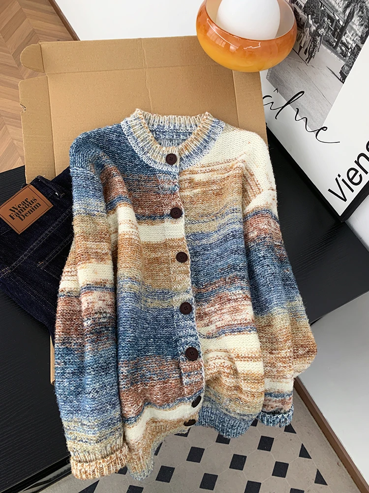 

Loose Women's Knitted adient Dyed Open Cardigan Coat Autumn Winter Casual Sle Comfortable Warmth Faion Outerwear