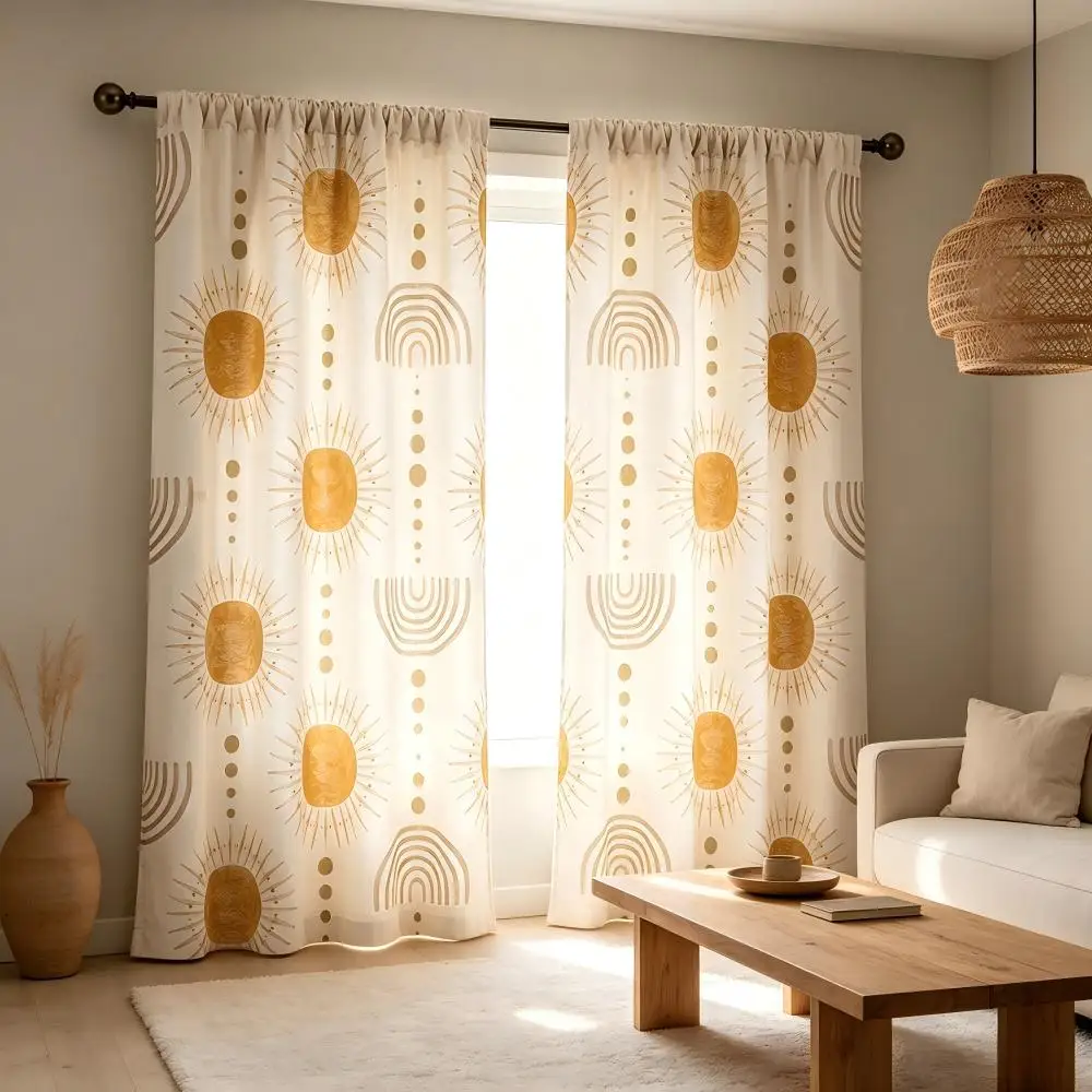 2PCS Abstract Curtains, Gold Sun Rainbow Geometric Arch, Digital Print, Bedroom Living Room, Rod Pocket Polyester, Home Decor