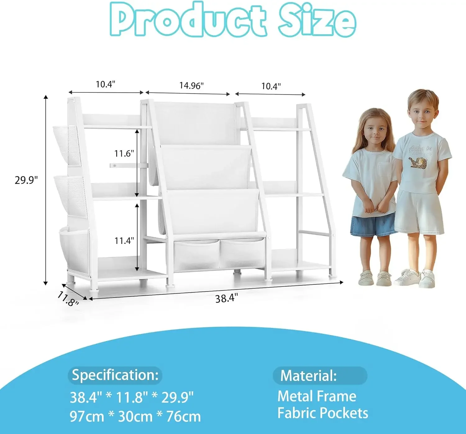 Bookshelf Large Storage Bookcase: 3-Tier Book Sling Shelf Toy Organizer for Toddler - Display Rack with 3 Pockets for Kids Rooms