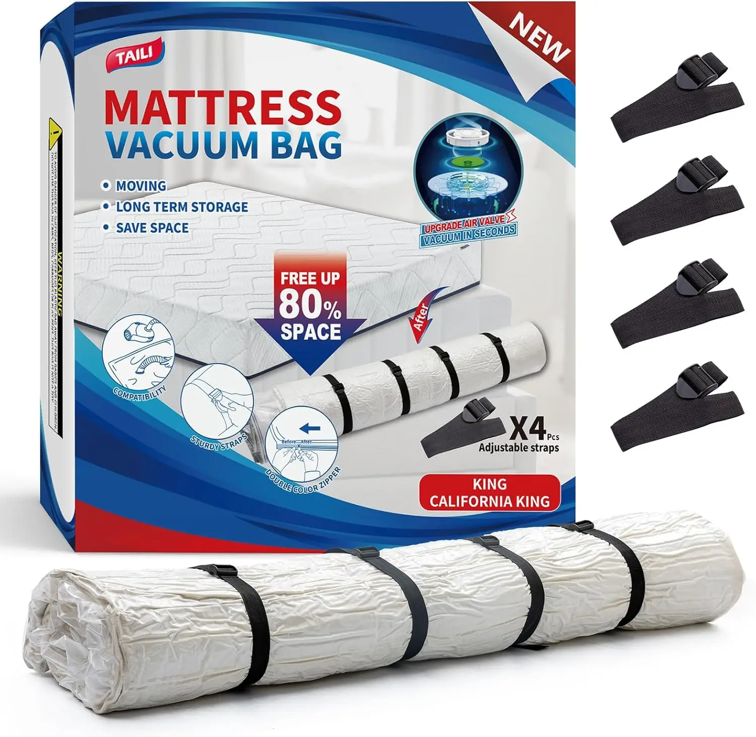 

King California Mattress Vacuum Storage Bag with Straps Sealable for Memory Foam Latex Moving Transport Storage