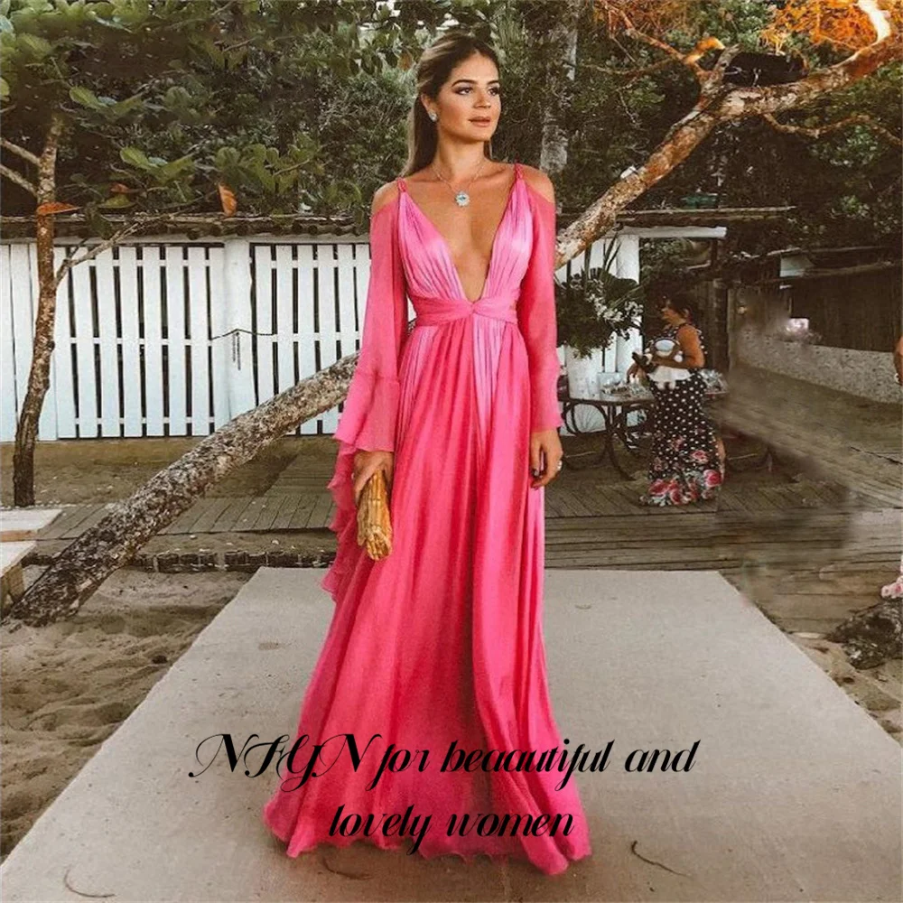 NFYN A Line Prom Dresses Long Full Sleeves Deep V Neck Backless Vestidos Chiffon Long Evening Dress Party For Women Customized