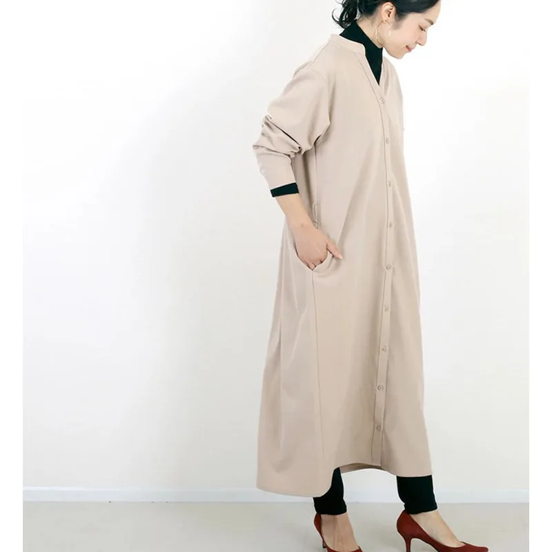Japão rakuten outono inverno camisa base vestido feminino cor sólida solto casual com decote em v vestido longo wearable fora vestido feminino