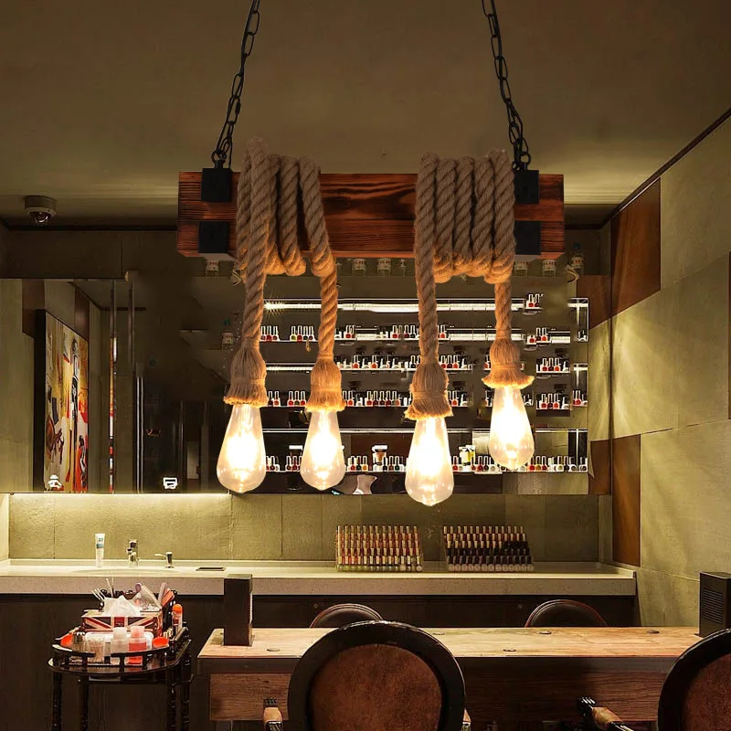 

Подвесной светильник из пеньковой веревки, регулируемый, в ретро-индустриальном стиле, деревянная люстра для столовой, осветительный прибор для бара, кафе, E27, подвесная лампа