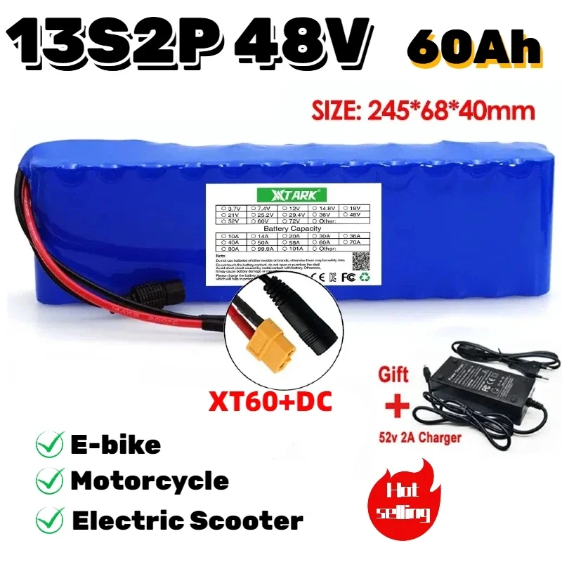 

E-bike battery 60Ah 48V 18650 lithium ion battery pack 13S2P bike conversion kit bafang 1000w and 54.6V2A Charger + XT60/DC Plug