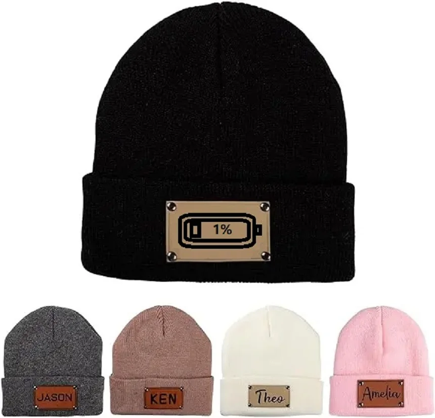 Winter Beanie Cap with Leather Patch, DIY Logo, Sign Your Name, Knitted Hat, 2-Layer, Warm, Men, Women, Boy, Girl (parent-child)