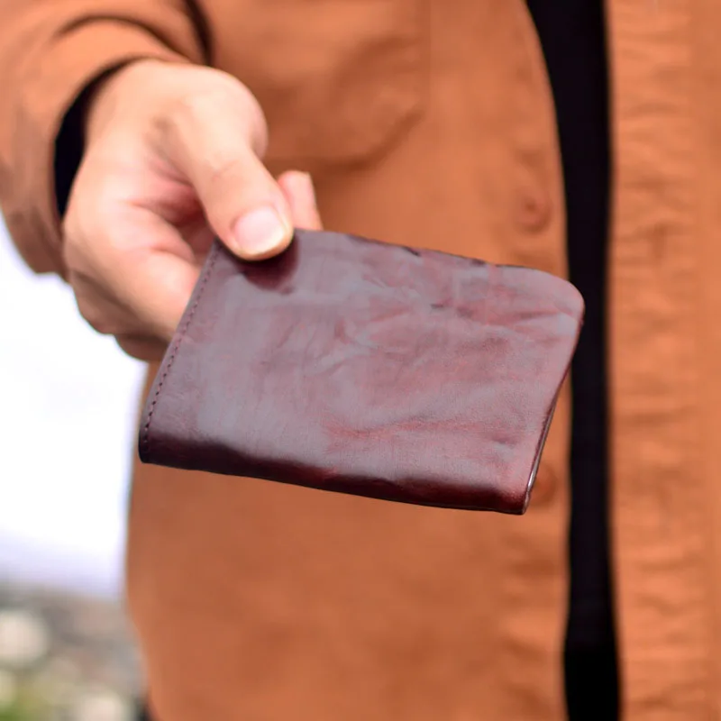 

AETOO Pure hand folding process short money Bao top layer plant tanned cowhide hand bag real pickup bag money clip card bag coi