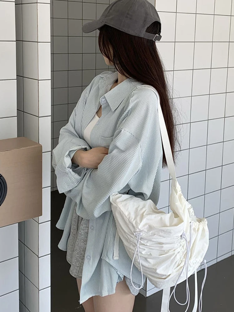 الكورية الأصفر مخطط قميص المرأة كسول الرياح فضفاضة نمط Preppy بلوزة خمر كم طويل عادية أنثى الحلو القمم جديد #6