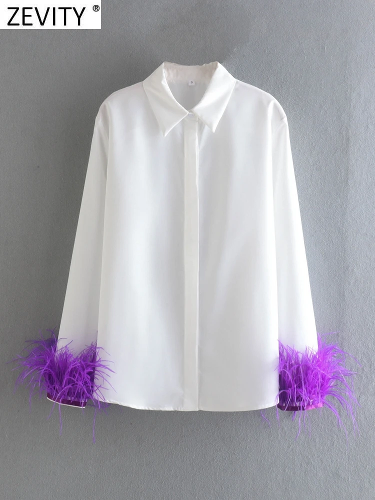 Zevity New Women Fashion Green Feathers Decoration White Poplin Blouse Ladies High Street Party Shirts Chic Blusas Tops LS10011