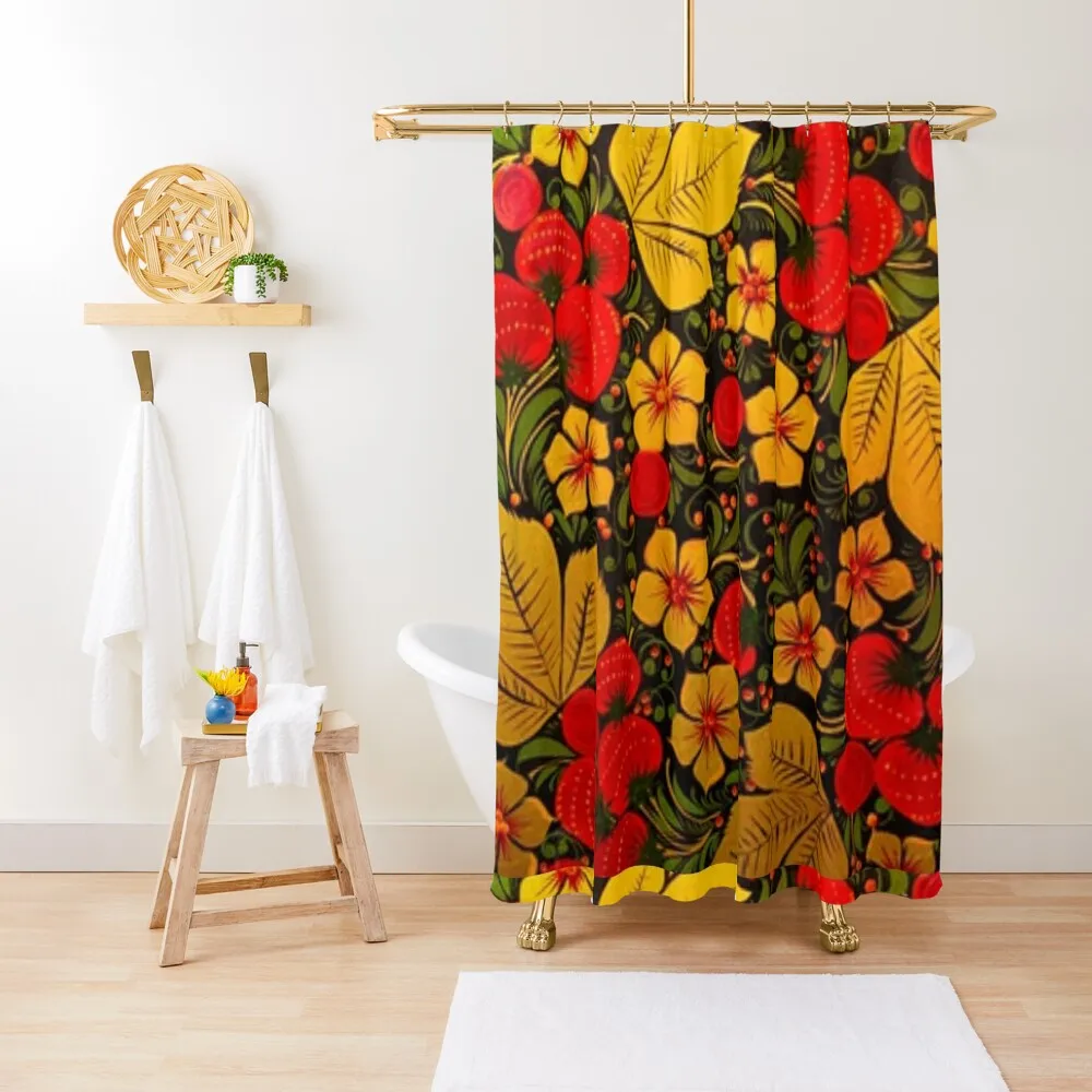 

Russian Khokhloma Golden Flowers, Leaves and Red Strawberries Pattern Shower Curtain Cute Shower Curtain