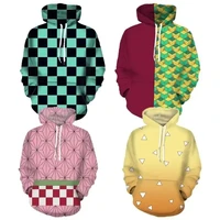 Sudadera con capucha con personaje de Anime impreso en 3D para hombre, jersey Universal a cuadros verdes y negros Kamado Tanjirou, sudadera informal de manga larga 3xl