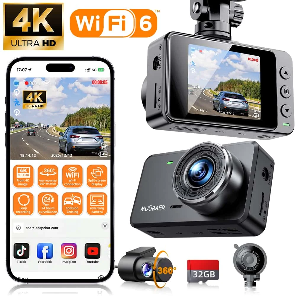 

Видеорегистратор 5G WiFi, двухканальная карта Ultra HD 4K+1K, бесплатная карта 32 ГБ, 2-дюймовый экран, широкий обзор, простота установки — подарок