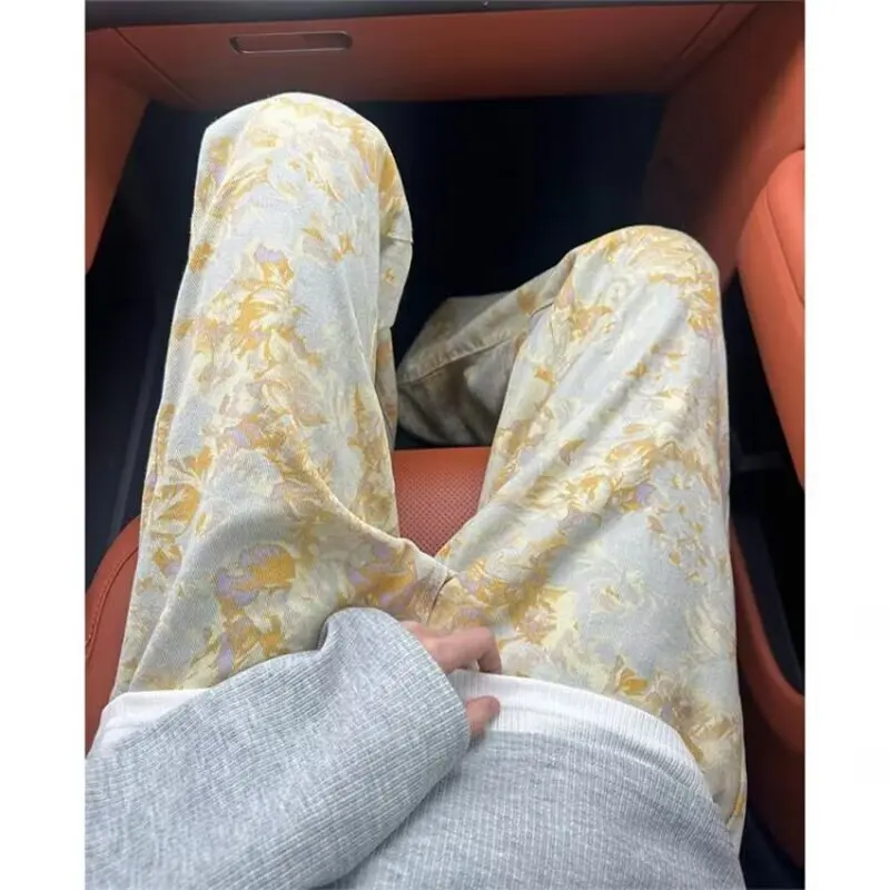 

Мужские джинсы с высокой талией и широкими штанинами, осенне-зимние, больших размеров (до 250 фунтов), с вышивкой, визуально стройнящие, в стиле кэжуал, свободного кроя