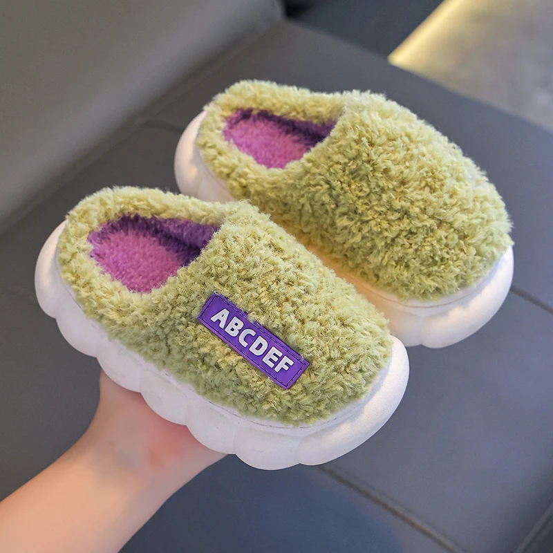 Fashion Concise Winter Warm Indoor Closed-toe Mule Soft Non-slip Kids Fluffy Slippers For Girls Boys Children Home Cotton Shoes