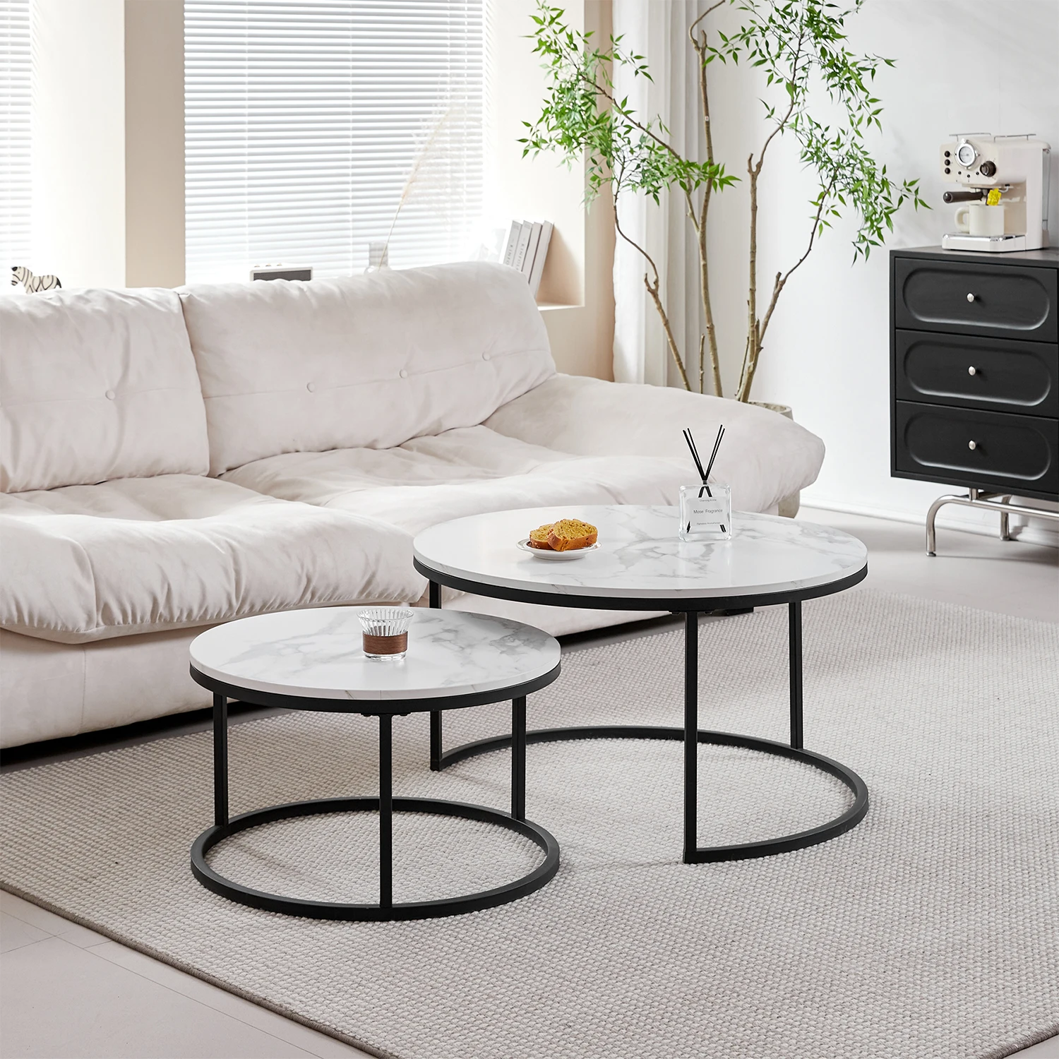 EGOONM 2 Stück moderner Couchtisch mit Marmorstruktur für Wohnzimmer, Sofa, seitlicher runder Couchtisch, 2-in-1 – Detail 4