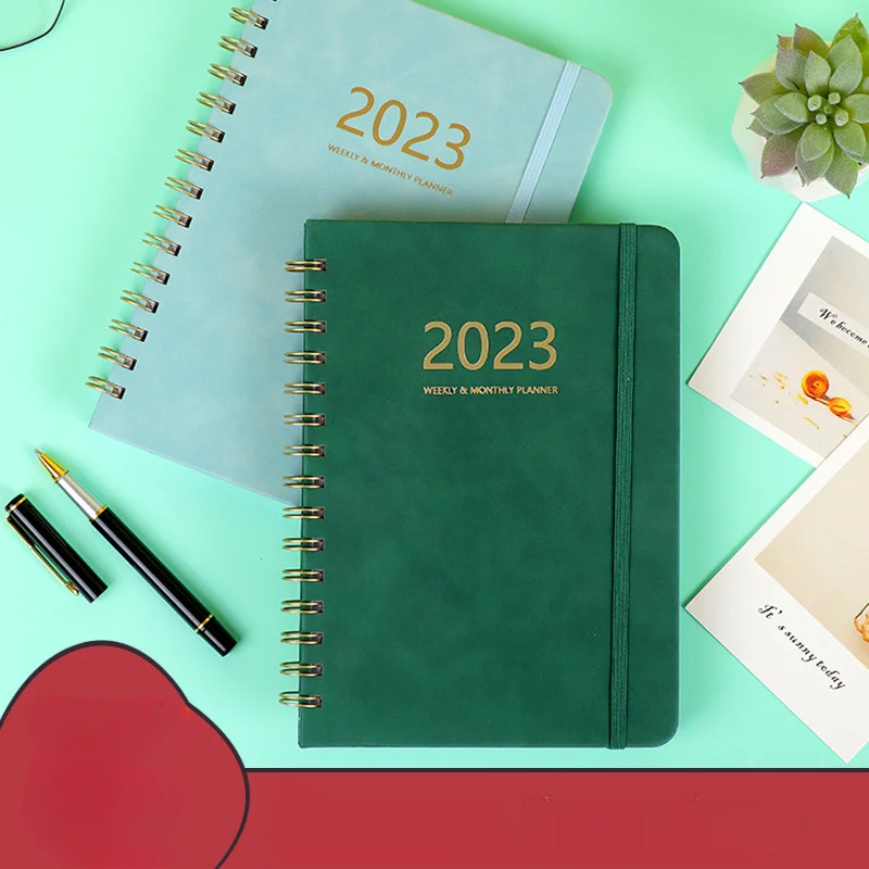 Weekly Plan Book Full English Calendar Book PU Leather Notebook 2023 Elastic Band Notepad Notebooks for Students Recambio A5