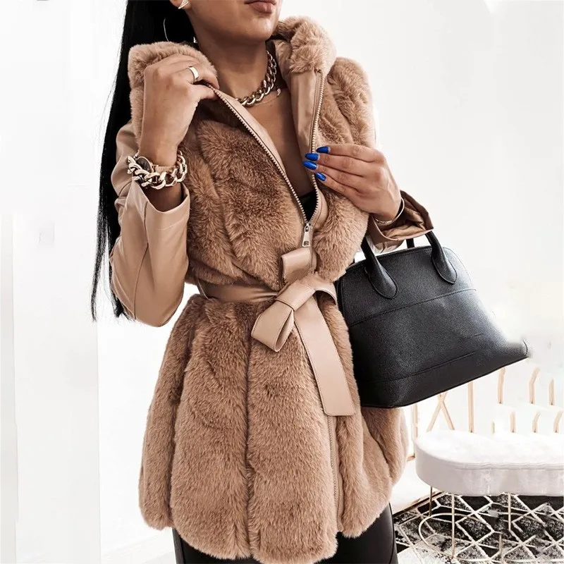 2024 Hot Selling New Women\'s Fur Coat with Waist Belt, Hooded Solid Color Zipper Jacket