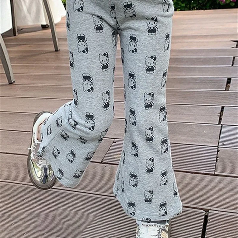 Nowy Hello Kitty Y2k długie spodnie dla dzieci Kawaii Anime Vintage wszechstronna w pasie moda codzienna dziecięca Bell-bottoms dziewczyna prezenty