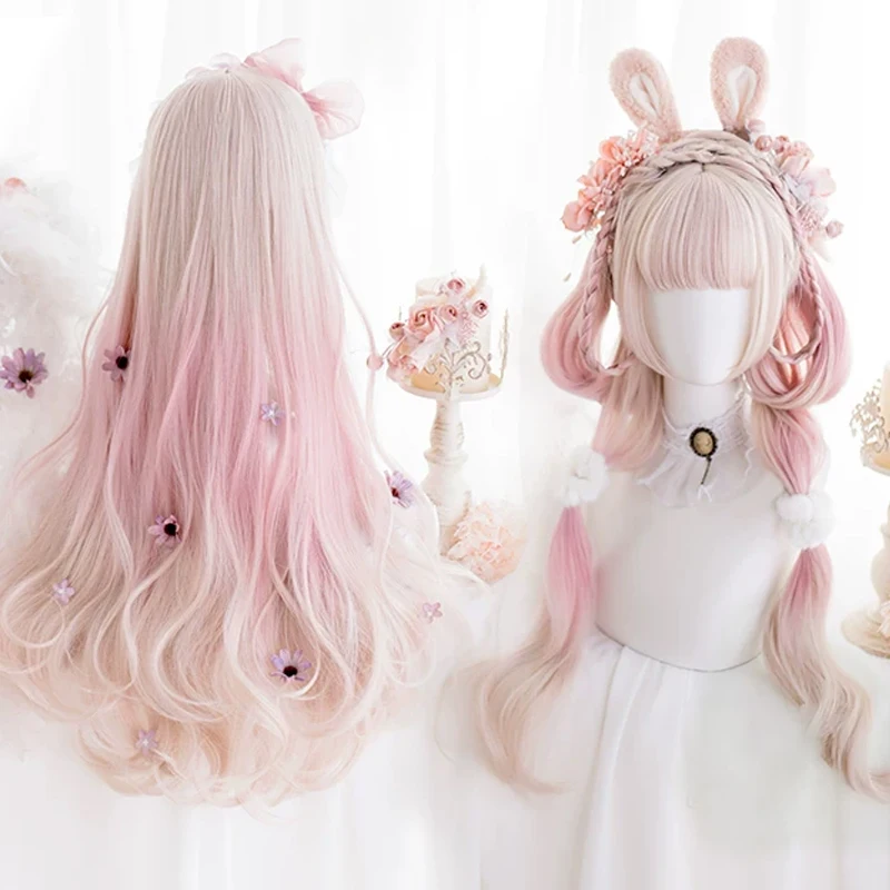 Long Body Wave Ombre Pink Cosplay Wigs Heat Resistant Synthetic Wigs With Bangs Natural Lolita Wigs For Women