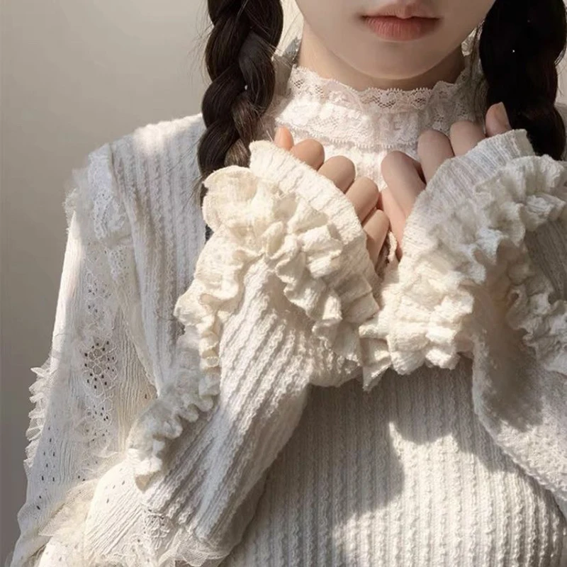 

Kawaii Lace Patchwork T Shirts Women Japanese Aesthetic Ruffles Tops Harajuku Lolita Cute Long Sleeve Slim All Match Tees New