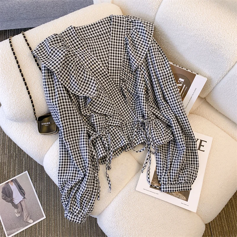 Korean Blouse Women Vintage Ruffles Long Sleeve Drawstring Shirts Slim Waist Sweet Crop Tops Fashion Plaid Blouses Shirts