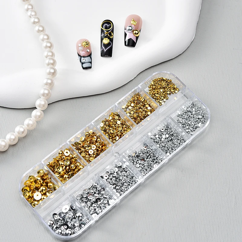 12Grid/box Gold Silver Half Round Caviar Bead Nail Charms 1/2/3/5mm Flatback Round Steel Nail Bead Micro Ball Manicure Bead