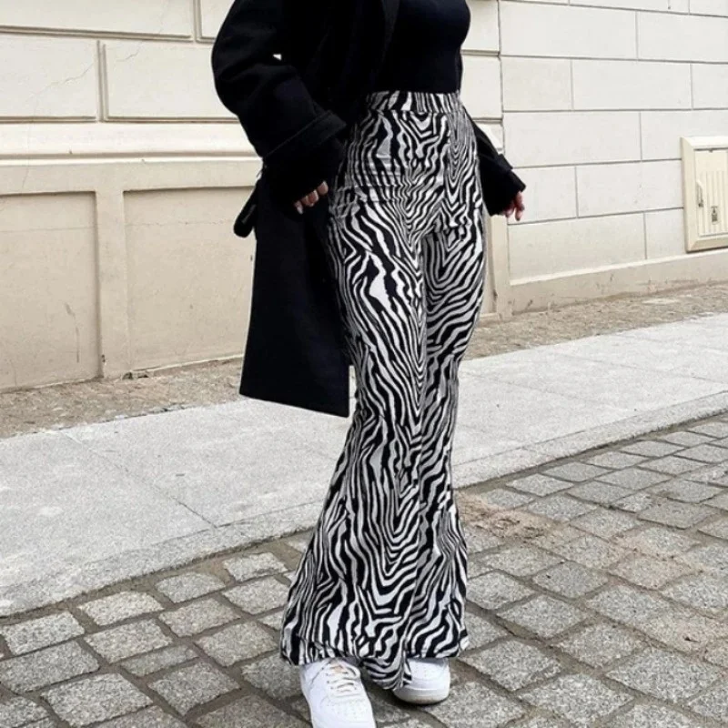 Fashionable Zebra Print Bell Bottom Pants High Waist Women's Casual Trousers Sexy Y2K Style Summer 2024 New Arrival