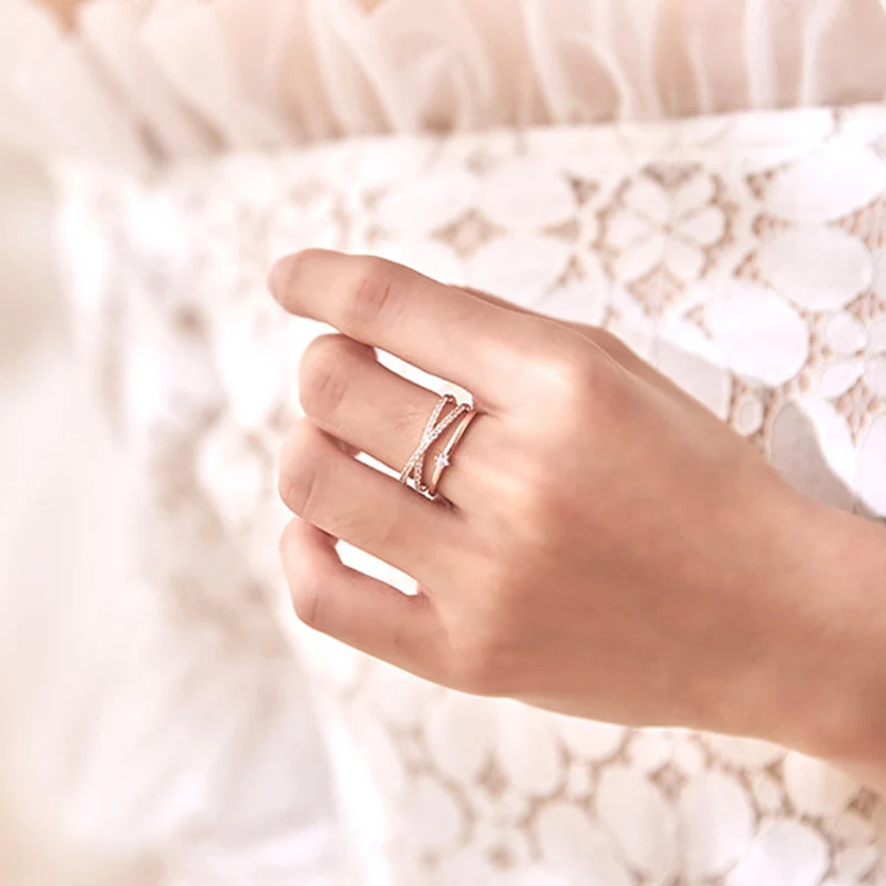 Foxanry Sparkling Zircon Lines Crossed Rings For Women Girls Simple New Fashion Temperament Exquisite Wedding Bride Jewelry Gift