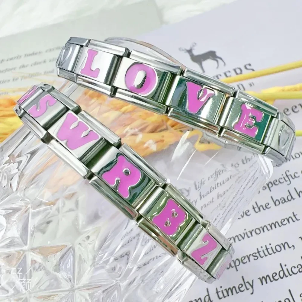 Diy Italian Charm Bracelet Women English Letter 2024 New Fashion Men Stainless Steel Links Fit 9mm Jewellery Unisex Bangle Pink