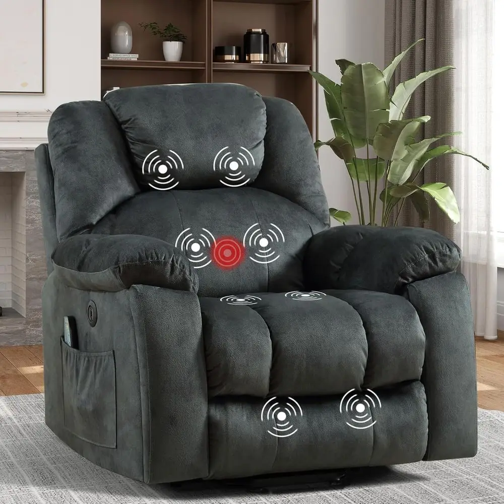 

Upholstered Power Lift Recliner with Massage, Heating, Cup Holders, and USB Port in Grey