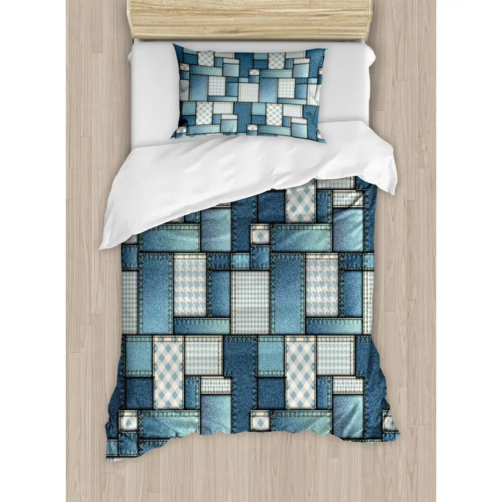 

Denim Motive Duvet Cover Set with Abstract Designs, 2-Piece Queen Size, Light Blue